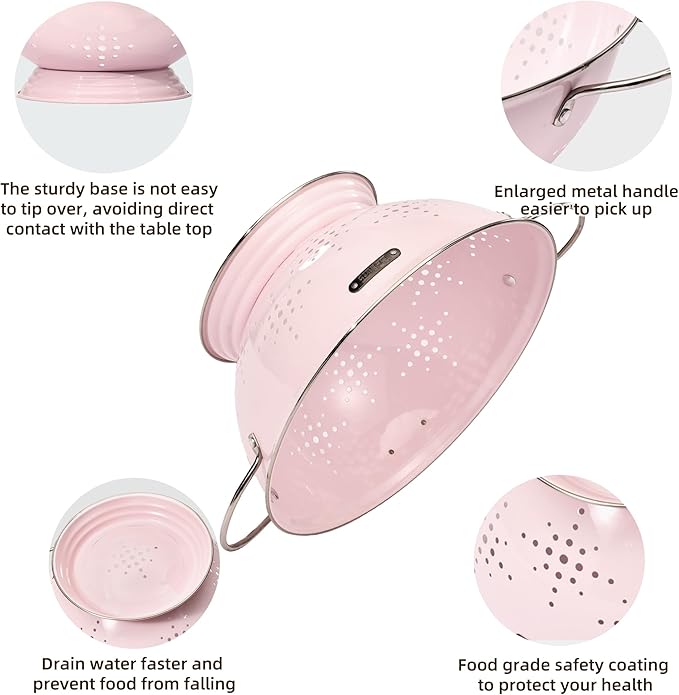 Metal Colander 2 Pack, Strainer Bowel with Handles 2Qt & 6Qt Powder Coated Solid Ring Base Heavey Duty Kitchen Drainer Basket for Pasta Veggies and Fruits,New Home Apartment Essentials (Pink) - Image 5