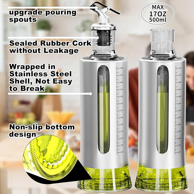 SINYWAY Oil Dispenser Bottle, 4 Pack Glass Olive Oil Dispenser Bottle with Shelf, 17oz/500 ml Oil and Vinegar Dispenser Set Wrapped in Stainless Steel Shell with Pourers, Funnel & Pen and Tags - Image 3