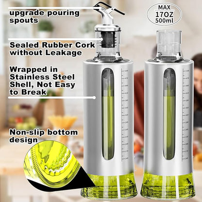 SINYWAY Oil Dispenser Bottle, 4 Pack Glass Olive Oil Dispenser Bottle with Shelf, 17oz/500 ml Oil and Vinegar Dispenser Set Wrapped in Stainless Steel Shell with Pourers, Funnel & Pen and Tags - Image 3