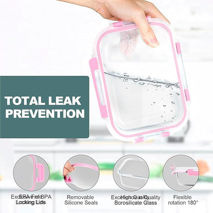 VERONES 10Pack Glass Meal Prep Containers, Airtight Glass Lunch Containers,Stackable Food Storage Containers Set with Lids,Exclusive of BPA, for Microwave,Oven, Freezer&Dishwasher Friendly,Pink - Image 3