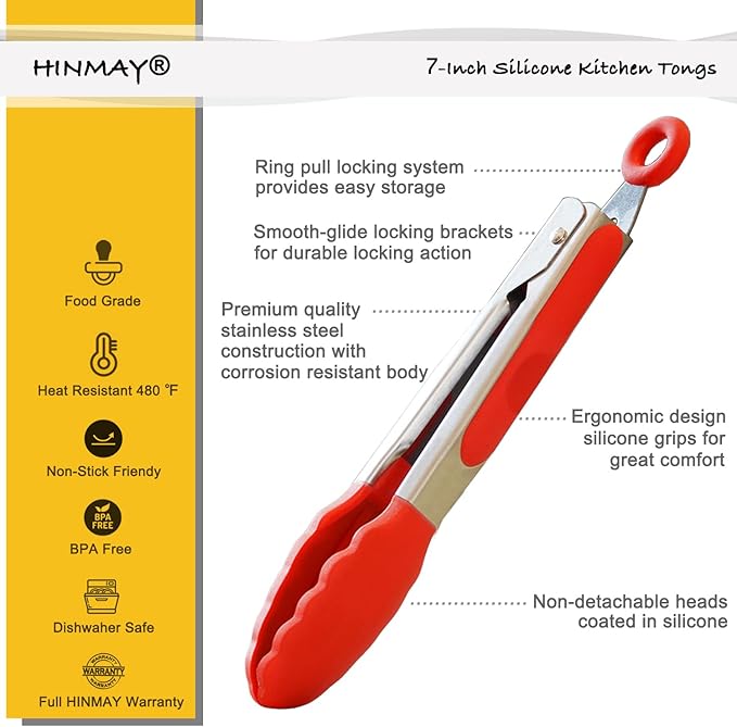 HINMAY 7-Inch Mini Silicone Tongs Small Serving Tongs for Appetizers, Set of 3 (Red) - Image 2