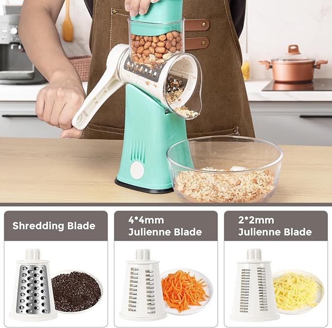 X Home 5-in-1 Rotary Cheese Grater for Kitchen, Upgraded Hand Crank Shredder with Stronger Suction Base & Multifunctional Drum Blades, for Cheese, Vegetables and Nuts, Easy to Use and Clean, Blue - Image 3