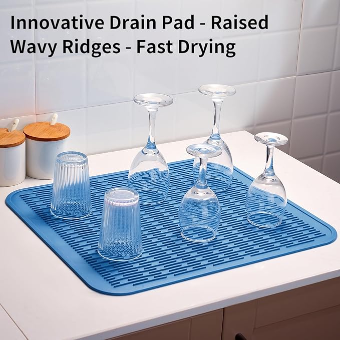 ZLR Large Silicone Dish Drying Mat (16" x 18") - XL Heavy Duty Drainboard Mat for Pots, Pans & Family Loads - Heat Resistant Trivet & Counter Protector, Easy Clean (Lichen Blue) - Image 8