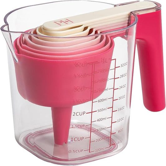 Paris Hilton 9-Piece Measuring Set, Durable Plastic Measuring Cups and Spoons With Funnel and Leveler, Dishwasher Safe, Pink