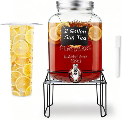 2 Gallon Glass Drink Dispensers For Parties,Beverage Dispenser with Stand,Fruit Infuser,Mason Jar Water Dispenser for Juice/Tea,Lemonade Dispenser for Parties,BPA Free Clear Water Pitcher with Spigot by MRKIANGCI