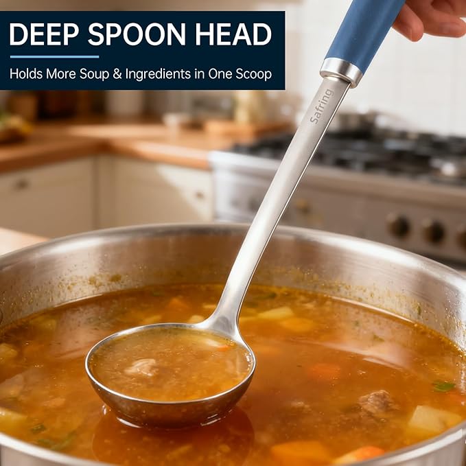 Safring Stainless Steel Soup Ladle and Spaghetti Spoon Set, Heat Resistant Rubber Handle, Dishwasher Safe, Kitchen Utensils for Cooking, Stirring, Serving Pasta, Soup & Sauce (Blue) - Image 5