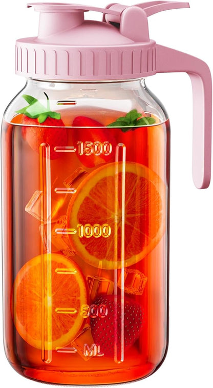 64 oz Glass Pitcher with Lid, Large Wide Mouth Mason Jar with Pour Spout, Pink Sun Tea Jar for Outside, Glass Water Pitcher Great for Drink, Cold Beverages and Breast Milk by OneDream