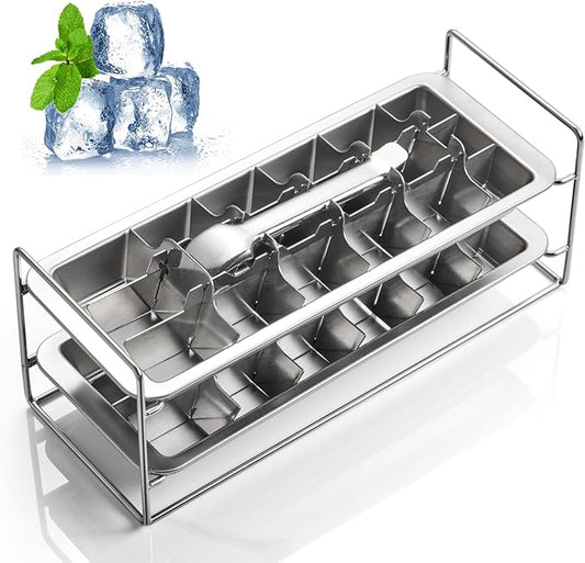 Stainless Steel Ice Cube Trays with lever and Stand for Freezer - Large Metal Ice Mold with Silicone Lid, Non-Toxic Whiskey Ice Cubes Tray, Easy Release Reusable Kitchen Essential (Set of 2)