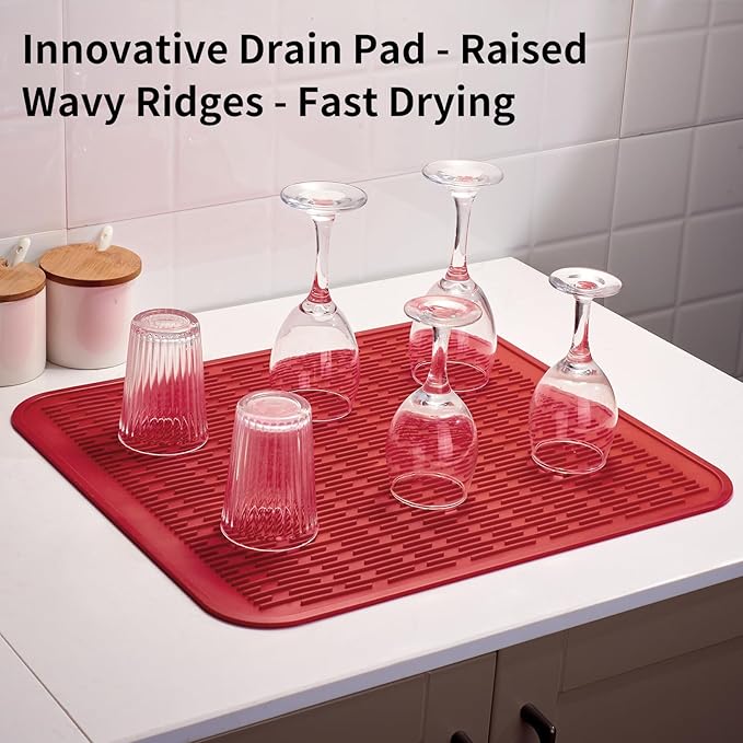 ZLR Large Silicone Dish Drying Mat (16" x 18") - XL Heavy Duty Drainboard Mat for Pots, Pans & Family Loads - Heat Resistant Trivet & Counter Protector, Easy Clean (Lava Red) - Image 8