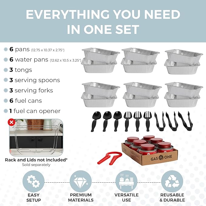 Alpha Living 6 Pack Refill Kit - Disposable Chafing Dish Buffet Set, Welded Body Food Warmers for Parties, Fuel Cans, Half Size Pans, Warming Trays - Image 2