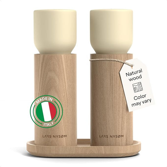 LARS NYSØM Wooden Salt and Pepper Grinder Set Manual with Tray - Salt and Pepper Mills with Adjustable Ceramic Grinder - Elegant Beechwood Pepper and Salt Mill Set for Dining Table (Almond Beige)