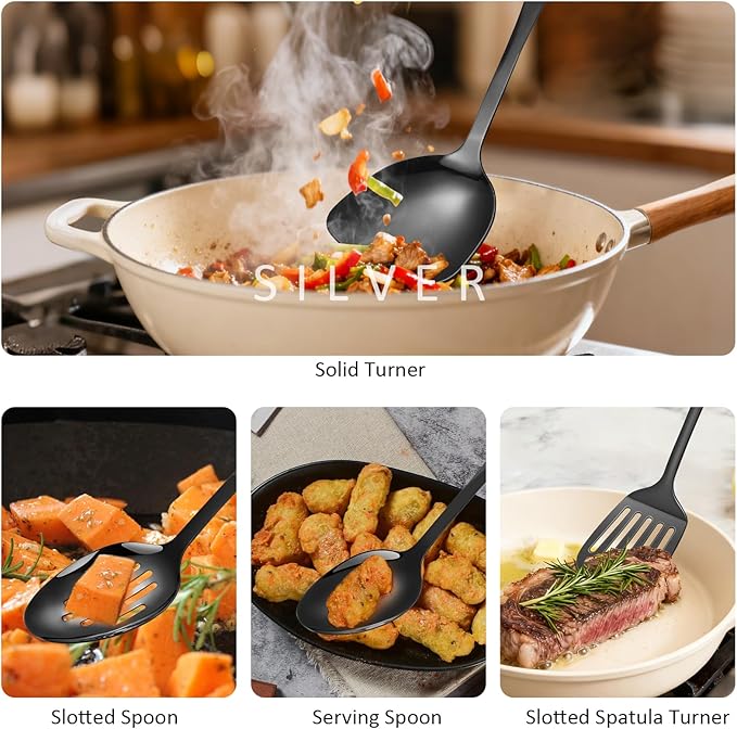 304 Stainless Steel Cooking Utensils Set,9PCS Metal Kitchen Utensils Set with Wooden Handle,Solid Spoon,Spatula,Ladle,Skimmer,Spaghetti Spoon,Dishwasher Safe(Black) - Image 7