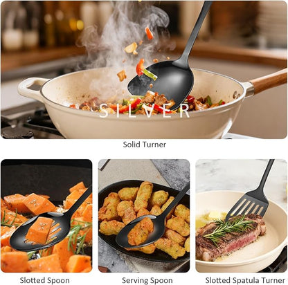 304 Stainless Steel Cooking Utensils Set,9PCS Metal Kitchen Utensils Set with Wooden Handle,Solid Spoon,Spatula,Ladle,Skimmer,Spaghetti Spoon,Dishwasher Safe(Black) - Image 7