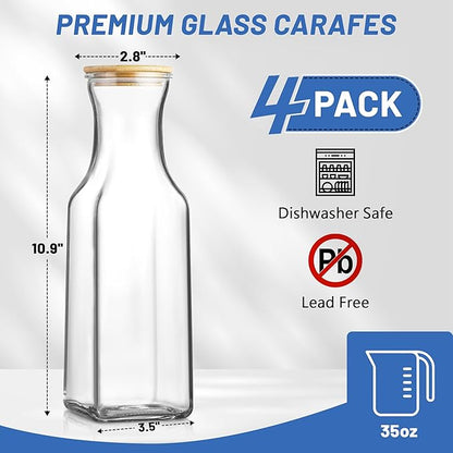 Glass Carafe with Bamboo Lid, Square 35 Oz Beverage Dispensers Carafe, Mimosa Bar Supplies, Clear Glass Pitcher with Name Labels for Iced Tea, Coffee, Juice(Set of 4)