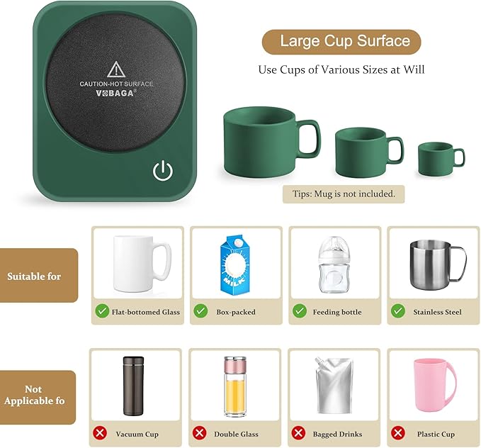 VOBAGA Coffee Mug Warmer for Desk with Auto Shut Off & 3-Temp Settings, Coffee Cup Warmer with Smart Safety Alert Home Office Accessory, Perfect for Coffee, Tea, Milk (No Mug) - Image 8