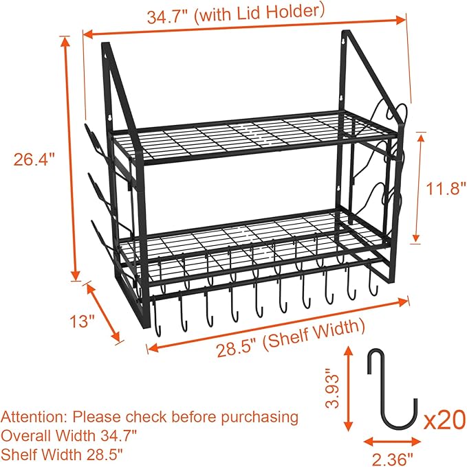VyGrow 28 Inch Pot Rack Wall Mounted, 2 Tier Pots and Pans Organizer with 20 Hooks and 6 Pot Lid Holders, Heavy Duty Steel Pot and Pan Hanger for Kitchen Cookware Utensils Storage 34.7" Lx13 Wx26.4 H - Image 2