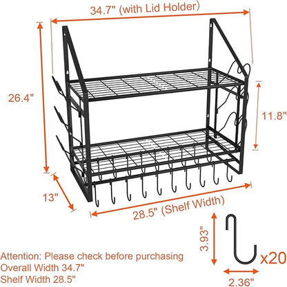 VyGrow 28 Inch Pot Rack Wall Mounted, 2 Tier Pots and Pans Organizer with 20 Hooks and 6 Pot Lid Holders, Heavy Duty Steel Pot and Pan Hanger for Kitchen Cookware Utensils Storage 34.7" Lx13 Wx26.4 H - Image 2