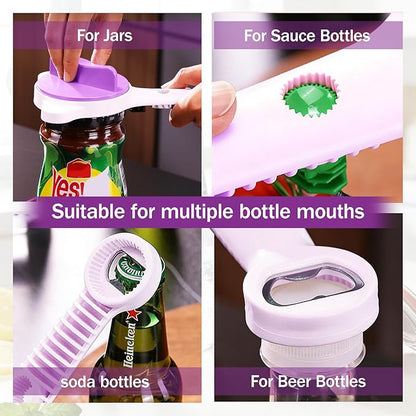 2026 Adjustable 4‑in‑1 Jar Opener with Red Wine Corkscrew & 2 Can Openers, Jar Opener for Seniors and Weak Hands, Perfect for Kitchen Jars,Bottles & Beer Caps (purple）