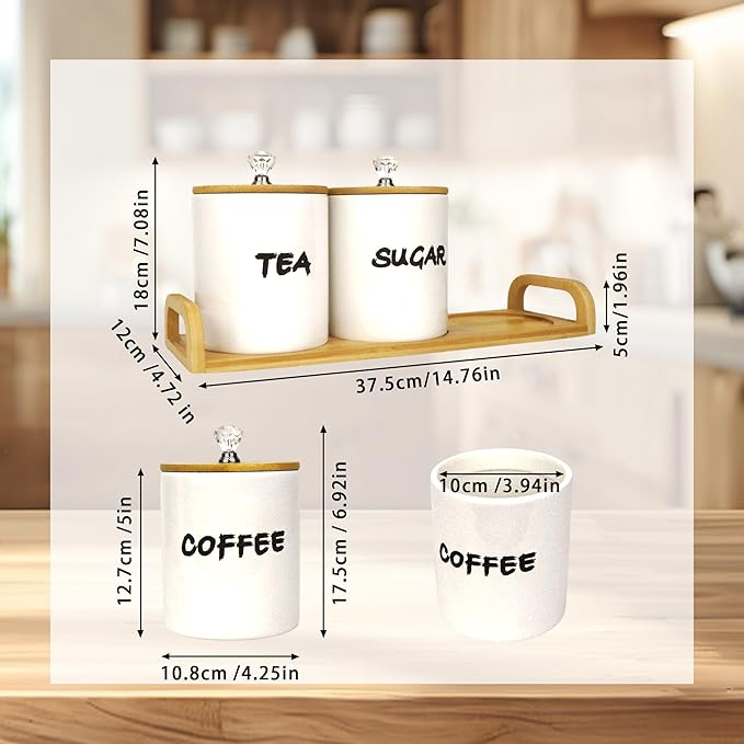 Coffee Tea Sugar Container Set of 3,Farmhouse Storage Containers Jars,Airtight Ceramic Kitchen Canister Set with Bamboo Lids for Kitchen Counter Dining Room (Ceramic, 1)