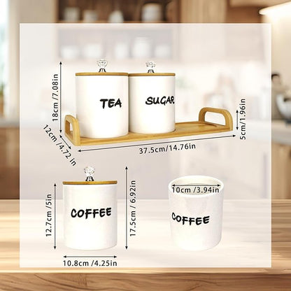 Coffee Tea Sugar Container Set of 3,Farmhouse Storage Containers Jars,Airtight Ceramic Kitchen Canister Set with Bamboo Lids for Kitchen Counter Dining Room (Ceramic, 1)