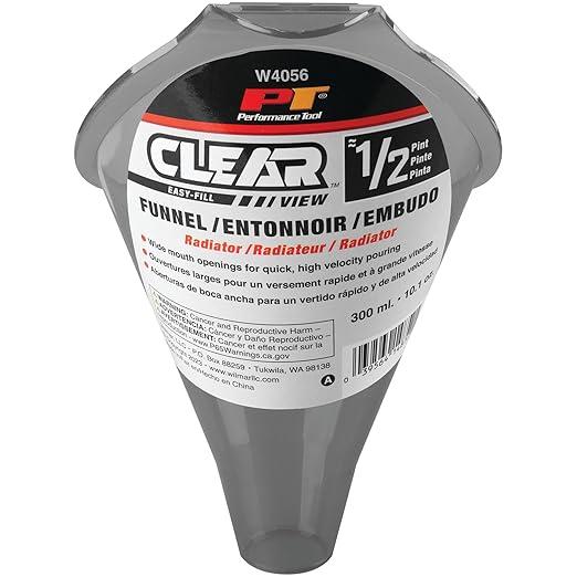 Performance Tool W4056 Clear View Easy-Fill Funnel - 1/2 Pint, Shallow Spout for Radiators and Fluids