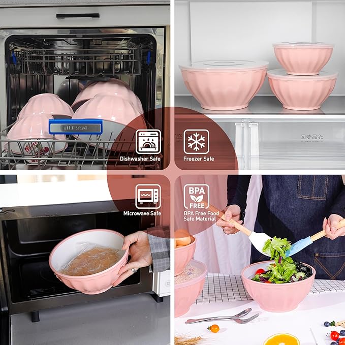 BoxedHome Mixing Bowls with Lids Set, 4PK Large 0.2” Thick Plastic Nesting Mixing Bowl, Microwave Safe,Size 1.37,2.32,3.8 and 5.07qt, Pink - Image 7