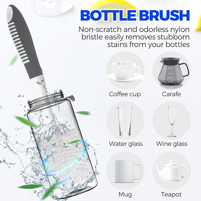 Holikme 6 Pack Dish Brush Set with Bottle Brush, Dish Scrub Brush, Pan Brush and 3 Straw Brushes, Deep Cleaning Handle Brush with Scraper Tip for Kitchen Sink Dishes Bottle Cup Pot and Pans (Gray) - Image 4
