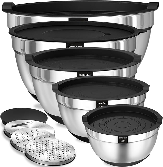 Umite Chef Mixing Bowls with Airtight Lids, 8PCS Stainless Steel Nesting Mixing Bowls Set, 3 Grater Attachments & Non-Slip Bottoms, Black Kitchen Bowls, Size 5, 4, 3.5, 2, 1.5QT for Baking & Serving by UmiteChef