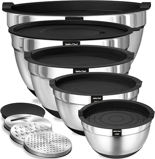 Umite Chef Mixing Bowls with Airtight Lids, 8PCS Stainless Steel Nesting Mixing Bowls Set, 3 Grater Attachments & Non-Slip Bottoms, Black Kitchen Bowls, Size 5, 4, 3.5, 2, 1.5QT for Baking & Serving by UmiteChef