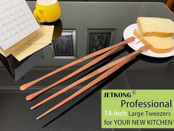 JETKONG 2 Pcs 14-Inch Kitchen Tweezers Extra Long Cooking Tweezer Tongs Stainless Steel Long Food Tweezers (Rose Gold) - Image 4
