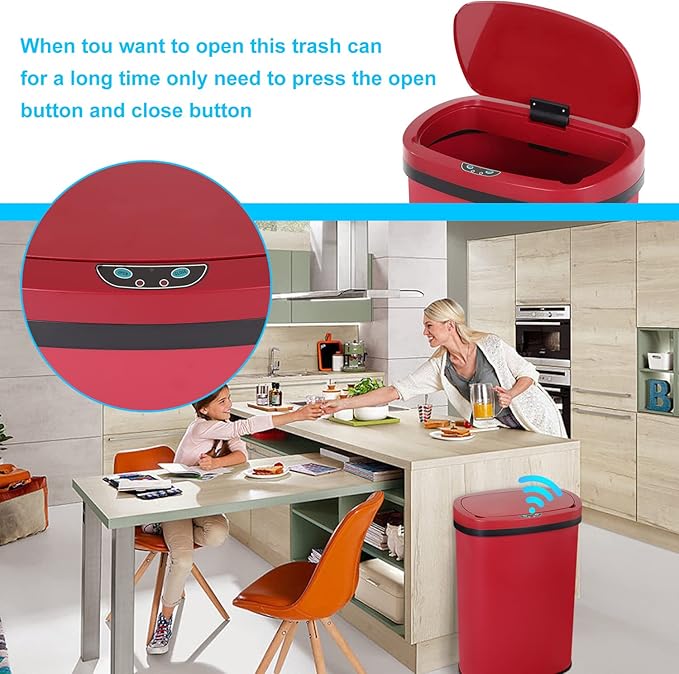 Bigacc 13 Gallon 50L Touch Free Automatic Stainless Steel Trash Can Garbage Can Metal Trash Bin with Lid for Kitchen Living Room Office Bathroom, Electronic Motion Sensor Automatic Trash Can - Red - Image 6