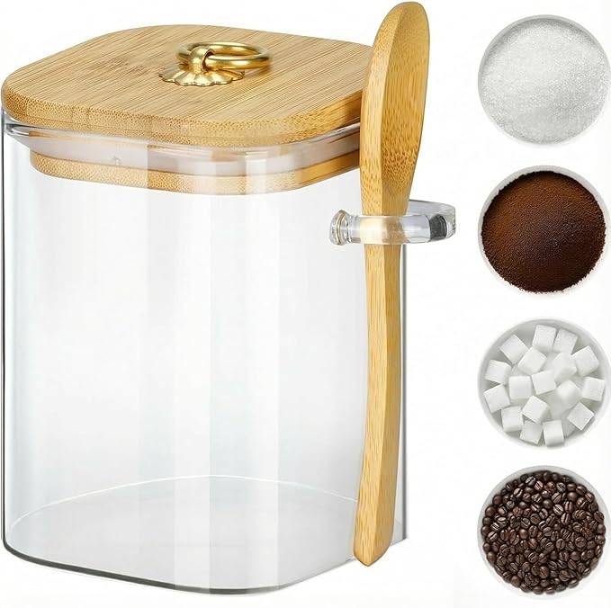 holoith Glass Jars with Bamboo Lids and Spoons, 16 oz Glass Storage Containers with Lids for Dry Food Storage Sugar, Coffee, Nuts, Cookie, Candy, Tea, Airtight Kitchen Canisters Spice Jars by Holoith