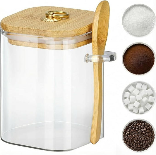 holoith Glass Jars with Bamboo Lids and Spoons, 16 oz Glass Storage Containers with Lids for Dry Food Storage Sugar, Coffee, Nuts, Cookie, Candy, Tea, Airtight Kitchen Canisters Spice Jars by Holoith