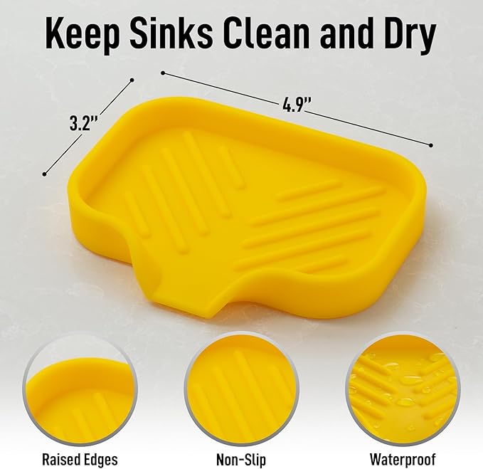 Zulay Kitchen Small Silicone Sponge Holder (4.9x3.3”) – Space-Saving Sink Organizer Tray for Sponge, Soap, Brush & More – Compact Non-Slip Dish for Kitchen & Bathroom (Yellow) - Image 4