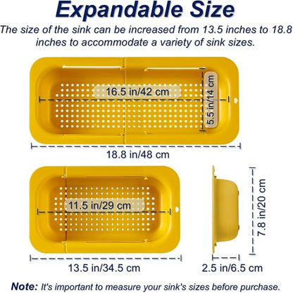 Extendable Sink Colander Strainer Basket - Wash Vegetables and Fruits, Drain Cooked Pasta and Dry Dishes - Adjustable Over the Sink Colander Collapsible Drainer Basket - Yellow