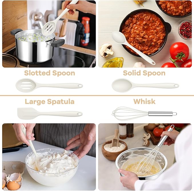 TeamFar 8 PCS Silicone Cooking Utensils - 446°F Heat Resistant Kitchen Silicon Utensils Set, Turner, Spatula, Spoon, Whisk, Kitchen Cooking Gadgets Tools for Nonstick Cookware, Dishwasher Safe-White - Image 5