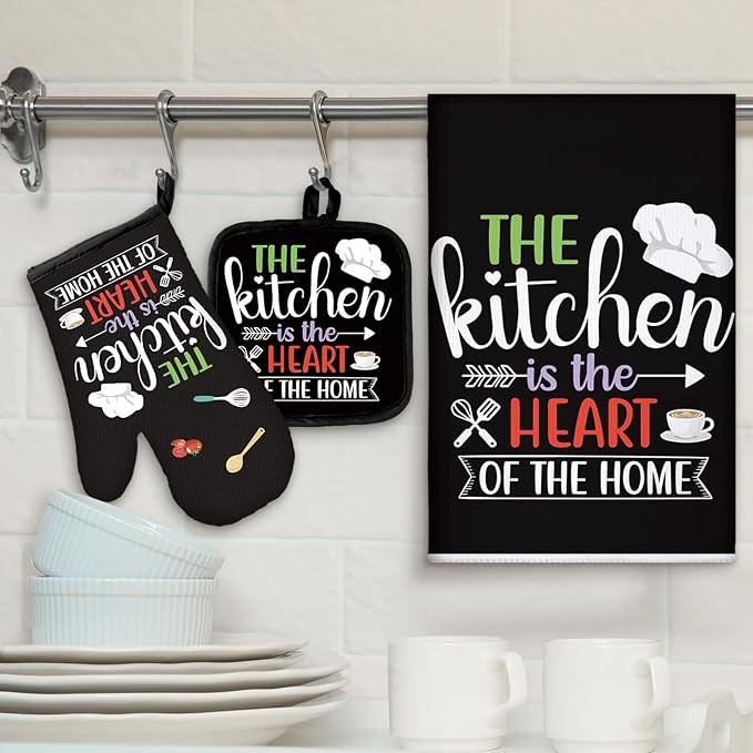 Sratte 6 Pcs Kitchen Decor Accessories Set Farmhouse Towels Pot Holders Oven Mitts Set 2 Dish Towels 2 Potholders 2 Cooking Mittens Oven Glove for Christmas Baking Cooking (Black Color) - Image 2