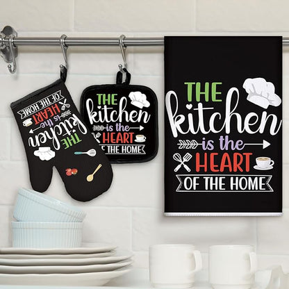 Sratte 6 Pcs Kitchen Decor Accessories Set Farmhouse Towels Pot Holders Oven Mitts Set 2 Dish Towels 2 Potholders 2 Cooking Mittens Oven Glove for Christmas Baking Cooking (Black Color) - Image 2