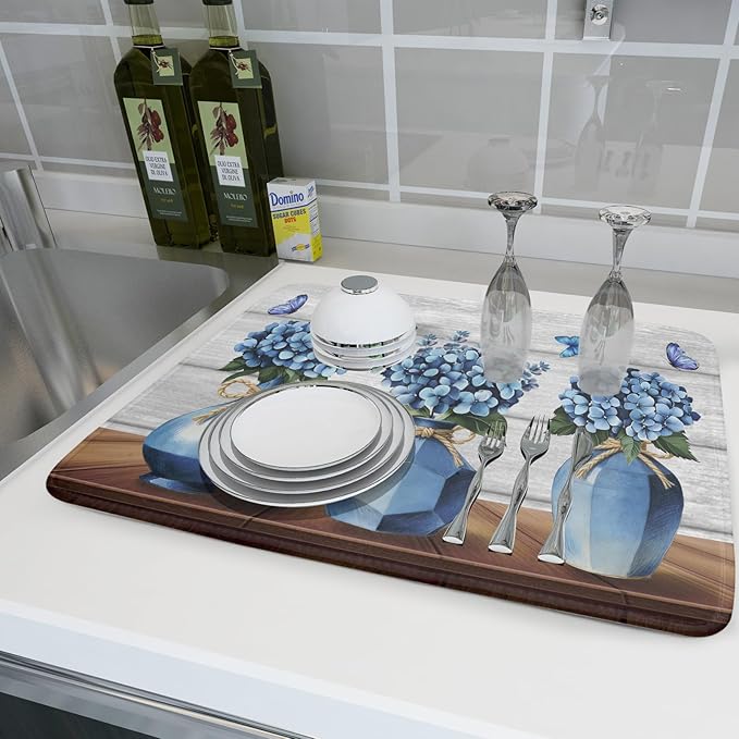 Giwawa Blue Hydrangea Dish Drying Mat for Kitchen Vintage Wood Board Floral Butterfly Dish Drainer Mats 18x24inch Rustic Flowers Dish Drying Rack Pad Protector for Countertop Dining Decor