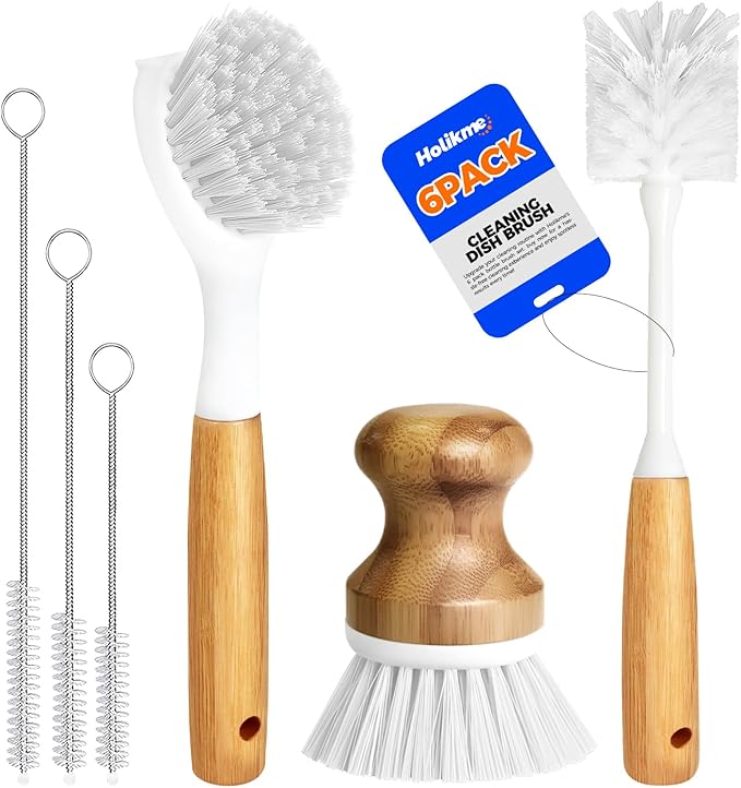 Holikme 6 Pack Dish Brush Scouring Pad Set with Bottle Brush, Dish Brush, Palm Scrub Brush and Straw Brush, Dish Scrubber Long Handle for Dish Bottle Cup Skillet Wok Pot Pan Cast Iron, White by Holikme