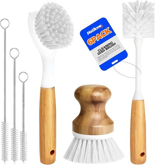 Holikme 6 Pack Dish Brush Scouring Pad Set with Bottle Brush, Dish Brush, Palm Scrub Brush and Straw Brush, Dish Scrubber Long Handle for Dish Bottle Cup Skillet Wok Pot Pan Cast Iron, White by Holikme