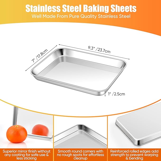 Homikit 2 Pack Baking Sheet, 9 x 7 Inches Stainless Steel Cookie Tray Set for Cooking Toasting, Mini Metal Cookie Toaster Oven Baking Pan Non Stick, Rustproof & Mirror Finish, Dishwasher Safe - Image 2
