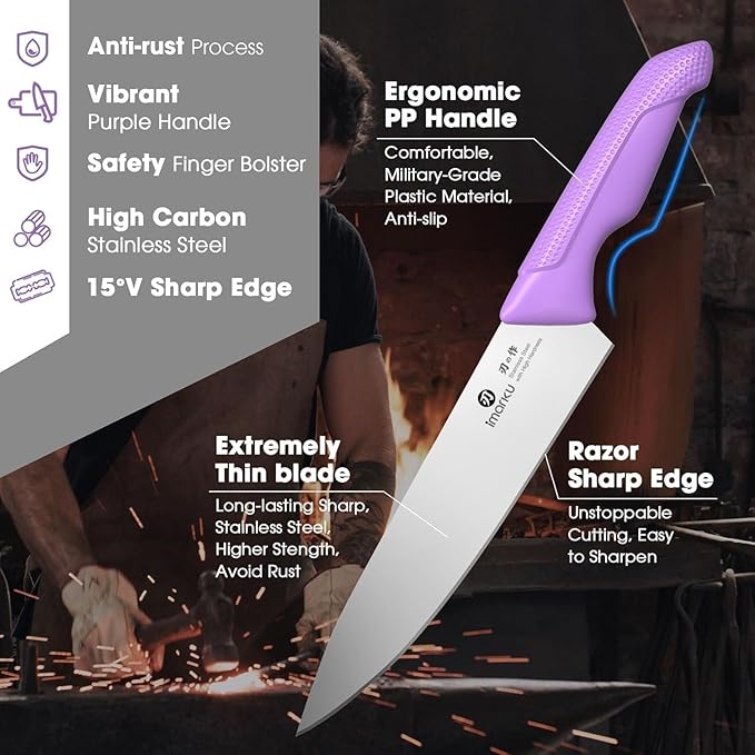 imarku® Kitchen Knife Set, Sharp Knives Set with Built-in Sharpener, Stainless Steel Block Knife Set and Non-Slip Ergonomic Handle, Dishwasher Safe, 14 PCS Professional Knife Set for Gift, Lavender - Image 3