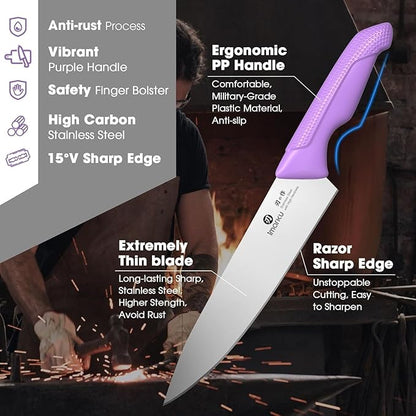 imarku® Kitchen Knife Set, Sharp Knives Set with Built-in Sharpener, Stainless Steel Block Knife Set and Non-Slip Ergonomic Handle, Dishwasher Safe, 14 PCS Professional Knife Set for Gift, Lavender - Image 3