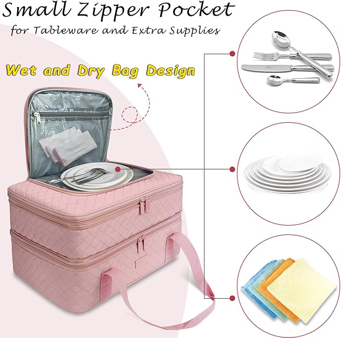 Quilted Double Decker Casserole Carrier - Expandable Dish Carrying Case for Hot or Cold Food, Lasagna Holder for Potluck Parties, Picnic, Beach, Fits 9"×13" Baking Dish (Pink)