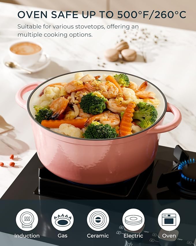 Enameled Cast Iron Dutch Oven - 4.5QT Dutch Oven Pot with Lid & Cotton Potholders - Heavy-Duty Non Stick Casserole Pot for Braising, Stews, Roasting, Baking, Suitable for All Stovetops, Gentle Pink - Image 5