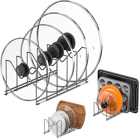 HzTinT 3 Pack Pot Lid Organizer for Cabinet, Stainless Steel Pot Lid Rack with Anti-slip Pad, Lid Holder for Pans Pots, Bakeware, Plates, Cookie Sheets, Trays, Dish, Cutting Boards, Classic Black by HzTinT