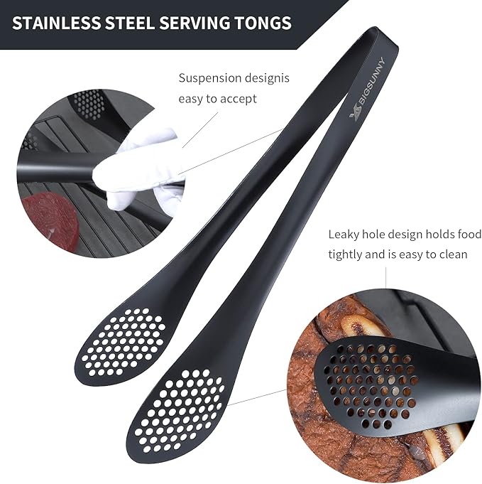 MSY BIGSUNNY Kitchen Buffet Tongs - Heavy Duty Food Serving Set for Cooking, BBQ - Metal Salad Tongs Set of 3 (Black 7" 9" & 11") - Image 4