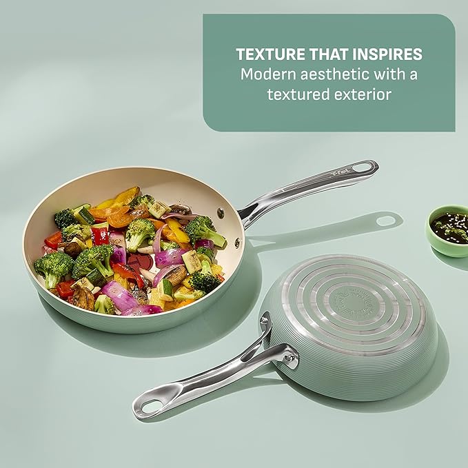 T-Fal Inspire Ceramic Nonstick Frying Pan 2-Pc Set, 8" & 10", Oven Broiler Safe up to 50°F Cookware, Ceramic Frying Pan Skillet, Pots & Pans, Mint Green - Image 3