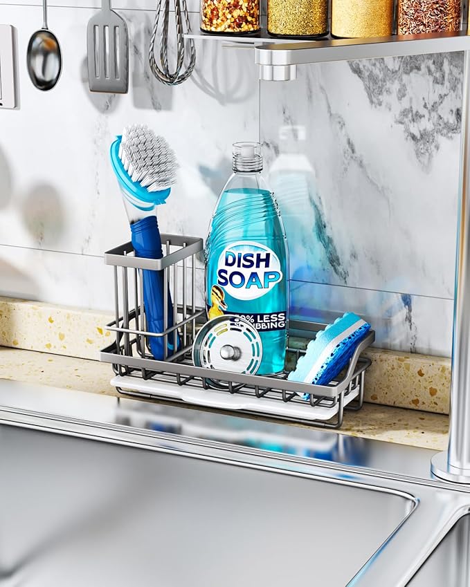 Consumest Sponge Holder for Kitchen Sink, Sink Caddy Organizer with Removable Drip Tray, Countertop Dish Soap Holder and Brush Holder, 304 Stainless Steel - Sand Nickel - Image 3
